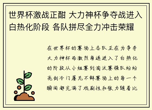 世界杯激战正酣 大力神杯争夺战进入白热化阶段 各队拼尽全力冲击荣耀