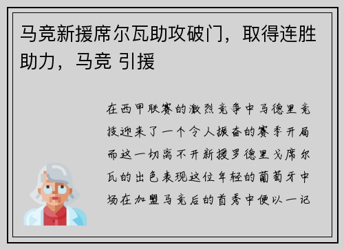 马竞新援席尔瓦助攻破门，取得连胜助力，马竞 引援